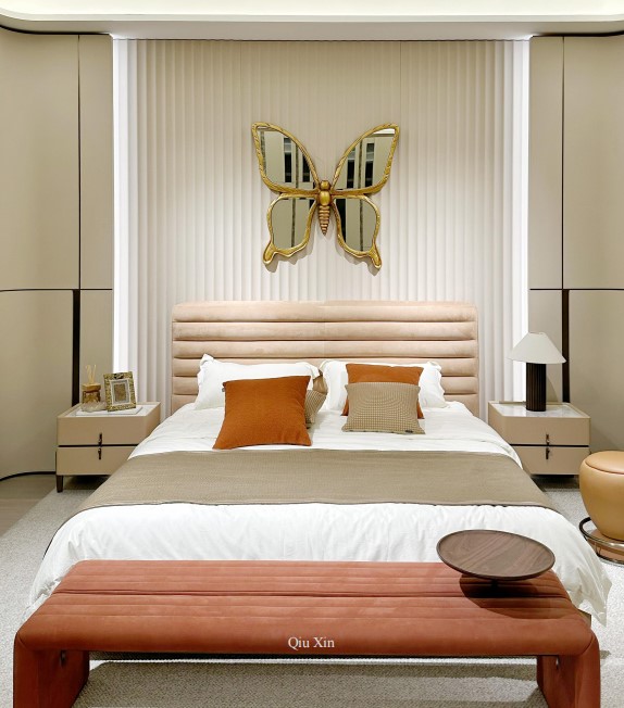 Elegant Gold Butterfly Wall Mirror and Luxury Bed